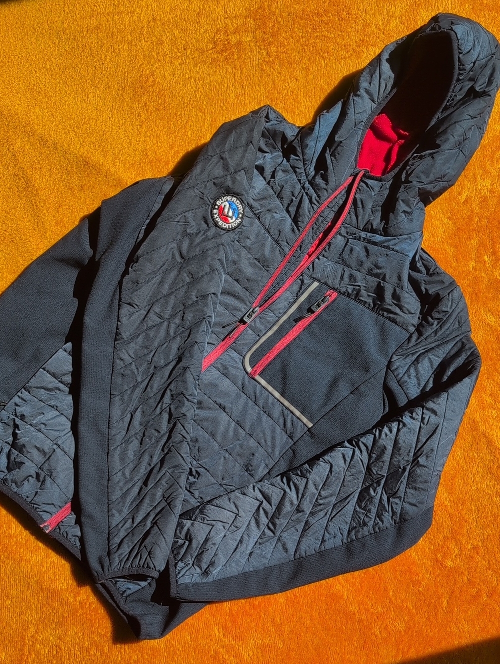Superdry Navy Quilted Hooded Puffer with Red Trim